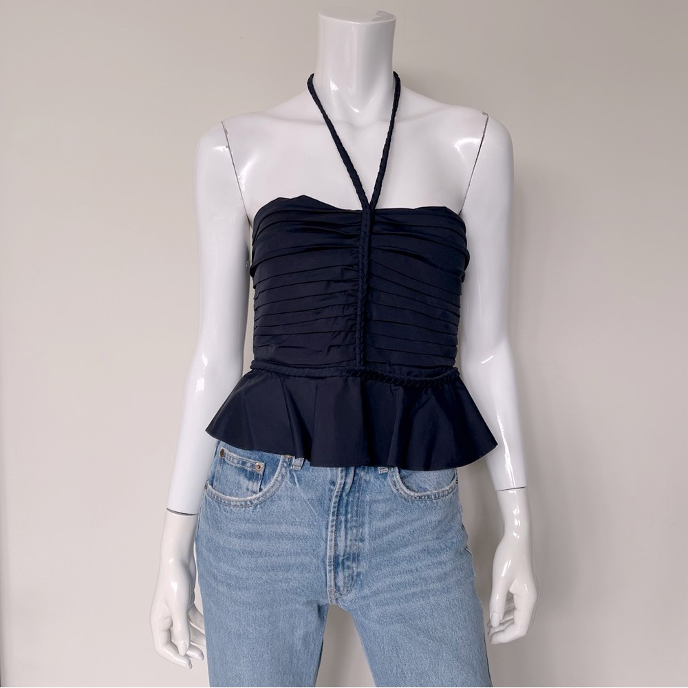 VERONICA BEARD Arienne Ruched Stretch-Cotton Poplin Halterneck Top in Da…